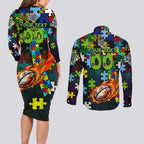 Raiders Autism Awareness Couples Matching Long Sleeve Bodycon Dress and Long Sleeve Button Shirt Puzzle Flames Rugby Ball