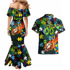 Raiders Autism Awareness Couples Matching Mermaid Dress and Hawaiian Shirt Puzzle Flames Rugby Ball