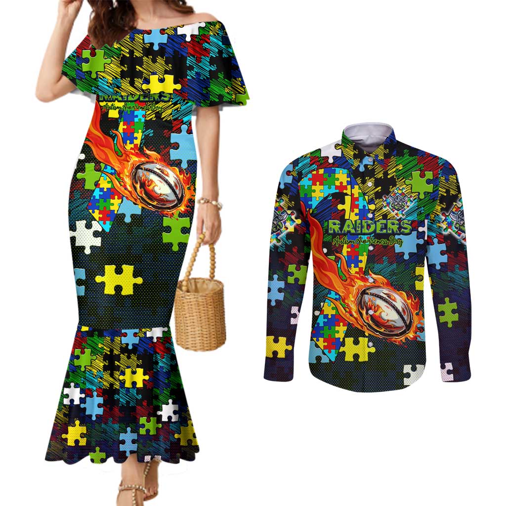 Raiders Autism Awareness Couples Matching Mermaid Dress and Long Sleeve Button Shirt Puzzle Flames Rugby Ball