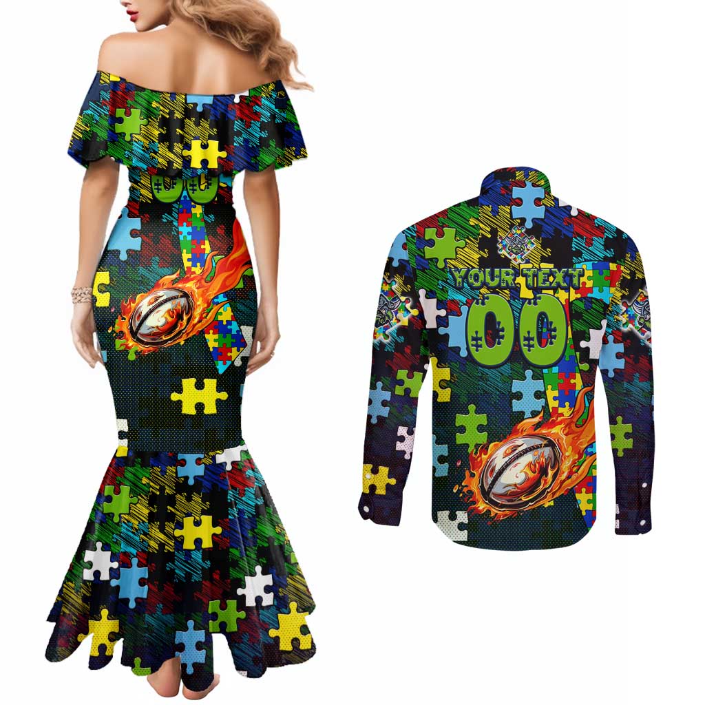 Raiders Autism Awareness Couples Matching Mermaid Dress and Long Sleeve Button Shirt Puzzle Flames Rugby Ball