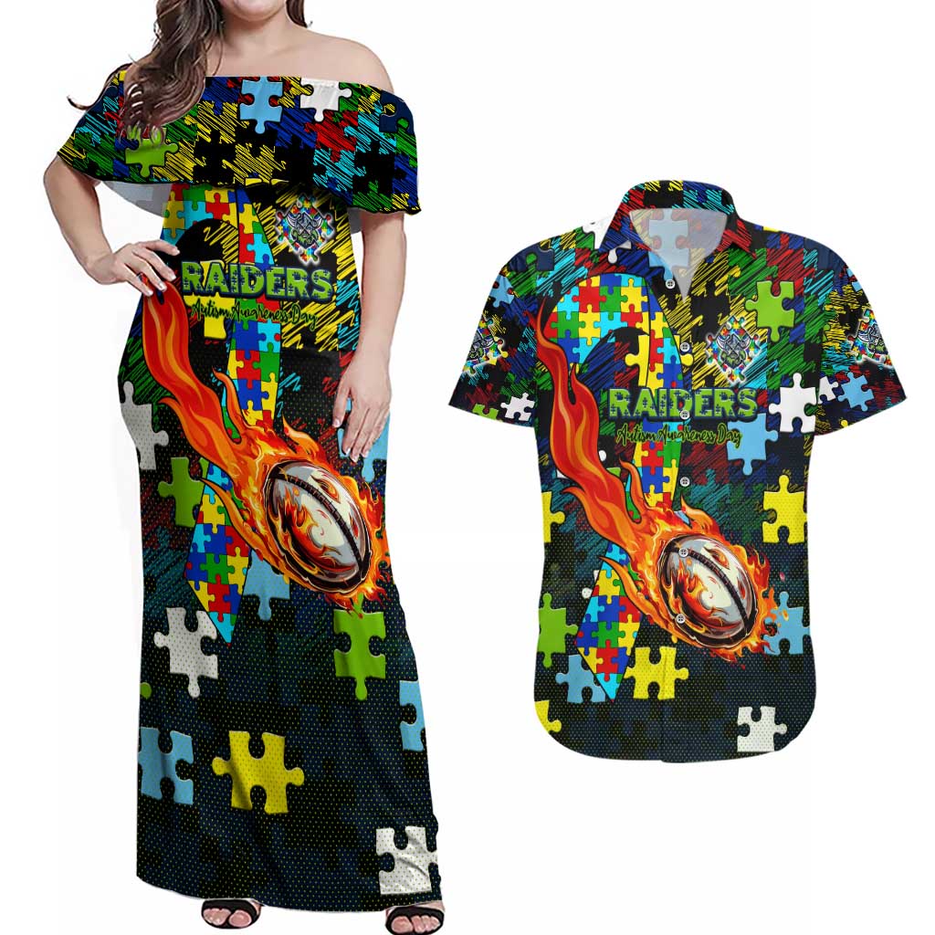 Raiders Autism Awareness Couples Matching Off Shoulder Maxi Dress and Hawaiian Shirt Puzzle Flames Rugby Ball