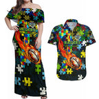 Raiders Autism Awareness Couples Matching Off Shoulder Maxi Dress and Hawaiian Shirt Puzzle Flames Rugby Ball