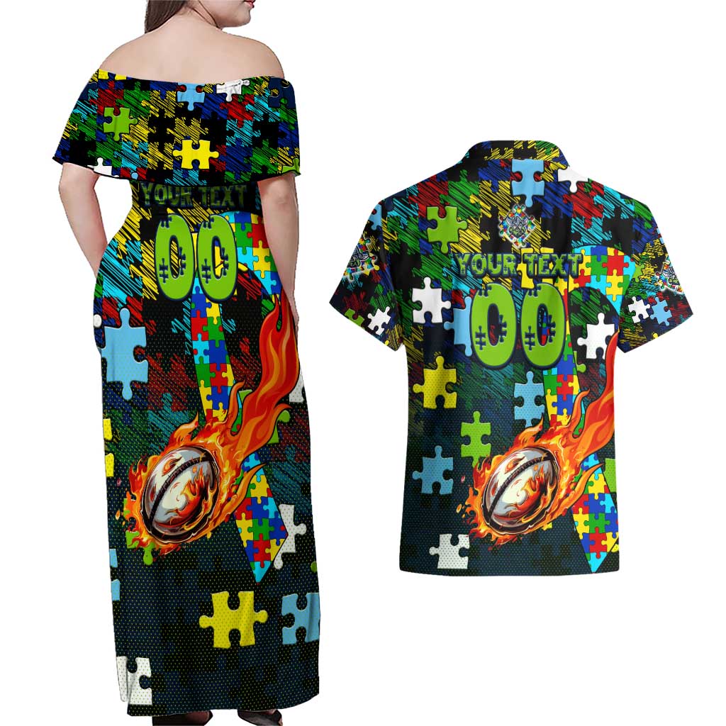 Raiders Autism Awareness Couples Matching Off Shoulder Maxi Dress and Hawaiian Shirt Puzzle Flames Rugby Ball