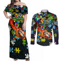 Raiders Autism Awareness Couples Matching Off Shoulder Maxi Dress and Long Sleeve Button Shirt Puzzle Flames Rugby Ball