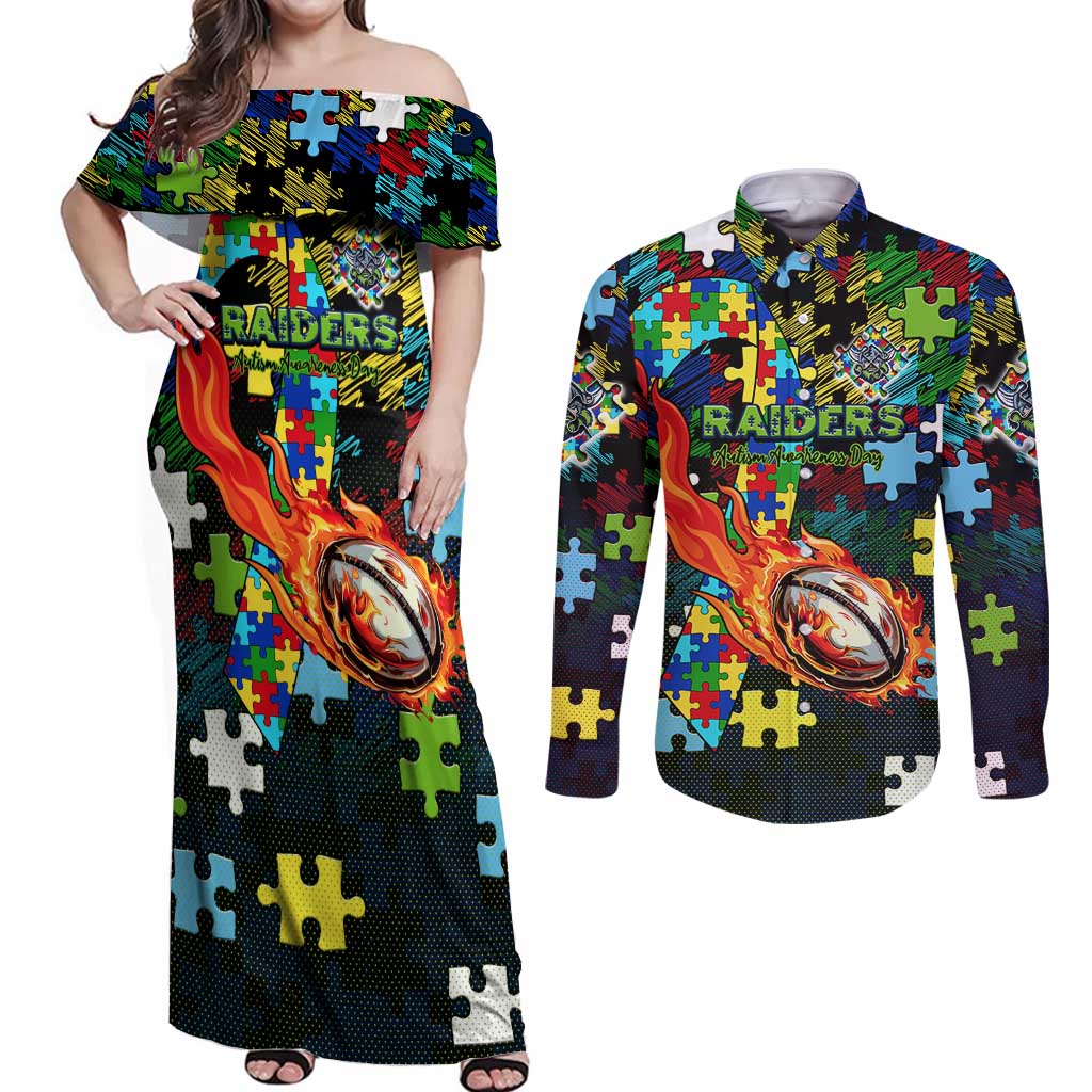 Raiders Autism Awareness Couples Matching Off Shoulder Maxi Dress and Long Sleeve Button Shirt Puzzle Flames Rugby Ball