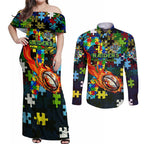 Raiders Autism Awareness Couples Matching Off Shoulder Maxi Dress and Long Sleeve Button Shirt Puzzle Flames Rugby Ball