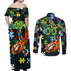 Raiders Autism Awareness Couples Matching Off Shoulder Maxi Dress and Long Sleeve Button Shirt Puzzle Flames Rugby Ball