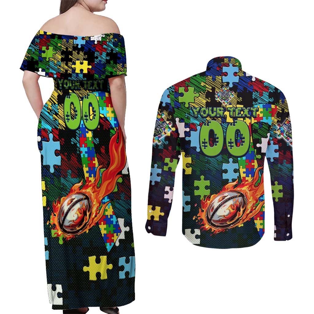 Raiders Autism Awareness Couples Matching Off Shoulder Maxi Dress and Long Sleeve Button Shirt Puzzle Flames Rugby Ball