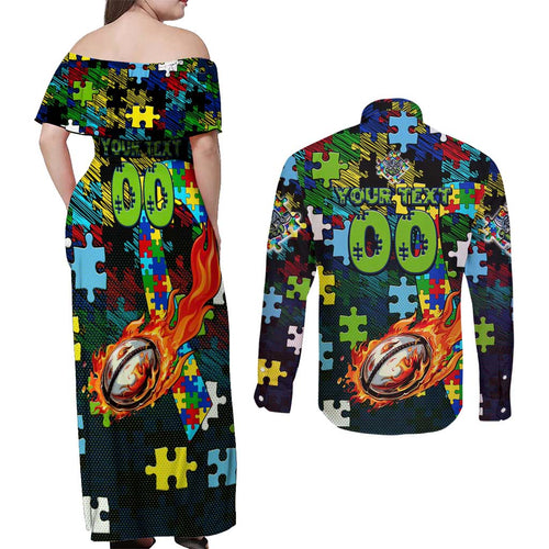 Raiders Autism Awareness Couples Matching Off Shoulder Maxi Dress and Long Sleeve Button Shirt Puzzle Flames Rugby Ball