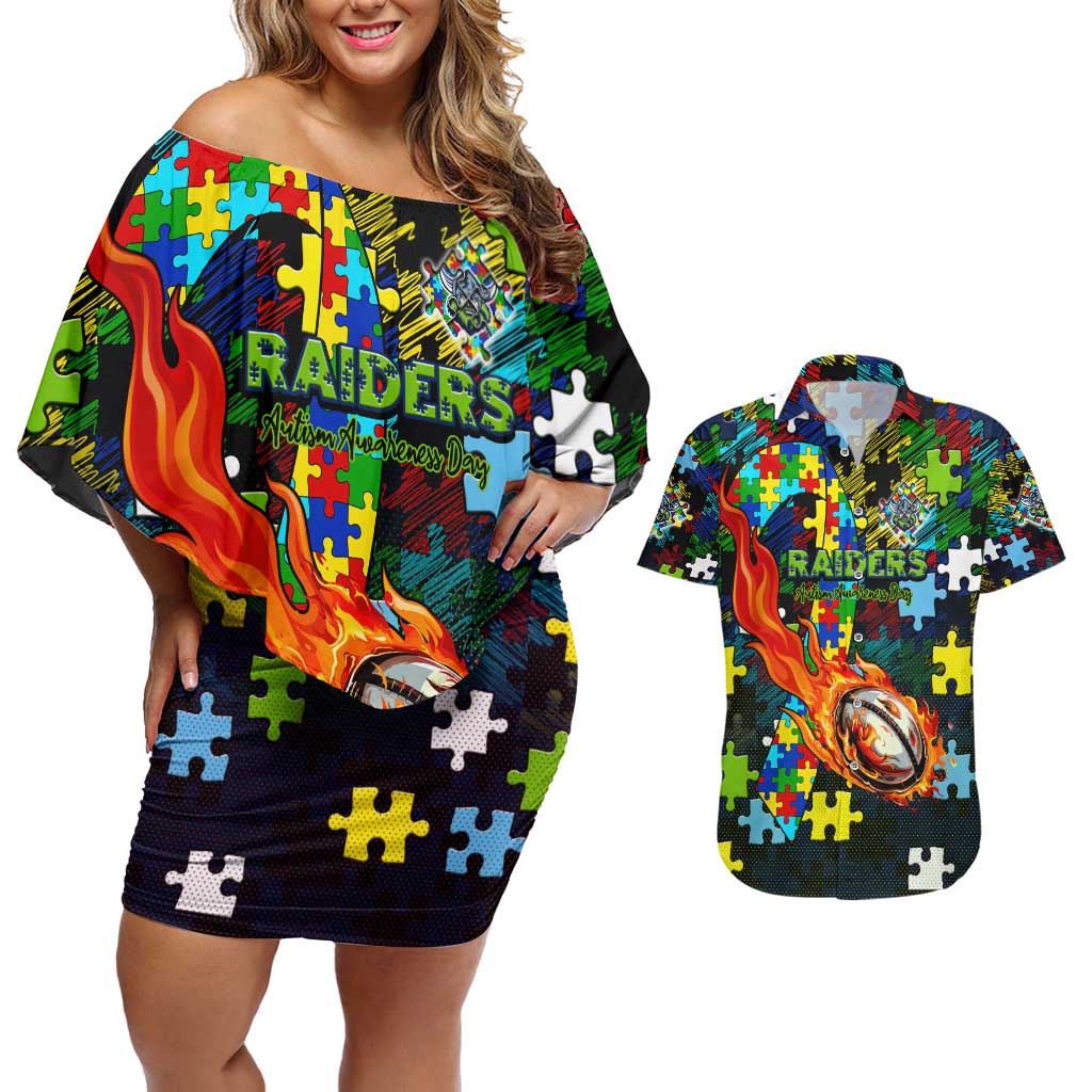 Raiders Autism Awareness Couples Matching Off Shoulder Short Dress and Hawaiian Shirt Puzzle Flames Rugby Ball