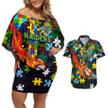 Raiders Autism Awareness Couples Matching Off Shoulder Short Dress and Hawaiian Shirt Puzzle Flames Rugby Ball