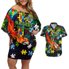 Raiders Autism Awareness Couples Matching Off Shoulder Short Dress and Hawaiian Shirt Puzzle Flames Rugby Ball