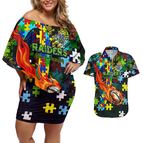 Raiders Autism Awareness Couples Matching Off Shoulder Short Dress and Hawaiian Shirt Puzzle Flames Rugby Ball