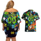 Raiders Autism Awareness Couples Matching Off Shoulder Short Dress and Hawaiian Shirt Puzzle Flames Rugby Ball