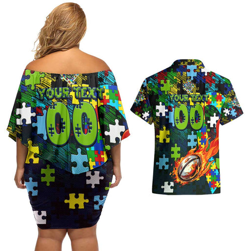 Raiders Autism Awareness Couples Matching Off Shoulder Short Dress and Hawaiian Shirt Puzzle Flames Rugby Ball