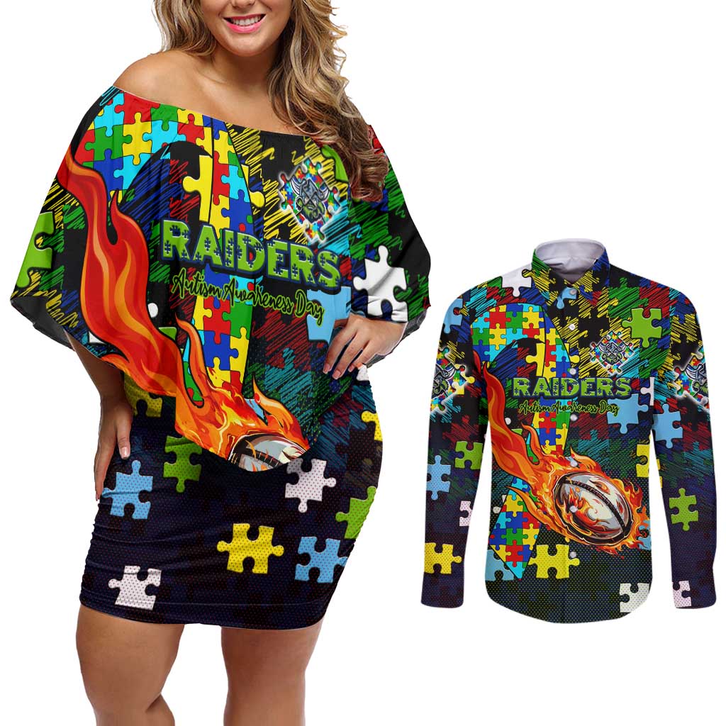 Raiders Autism Awareness Couples Matching Off Shoulder Short Dress and Long Sleeve Button Shirt Puzzle Flames Rugby Ball