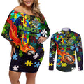 Raiders Autism Awareness Couples Matching Off Shoulder Short Dress and Long Sleeve Button Shirt Puzzle Flames Rugby Ball