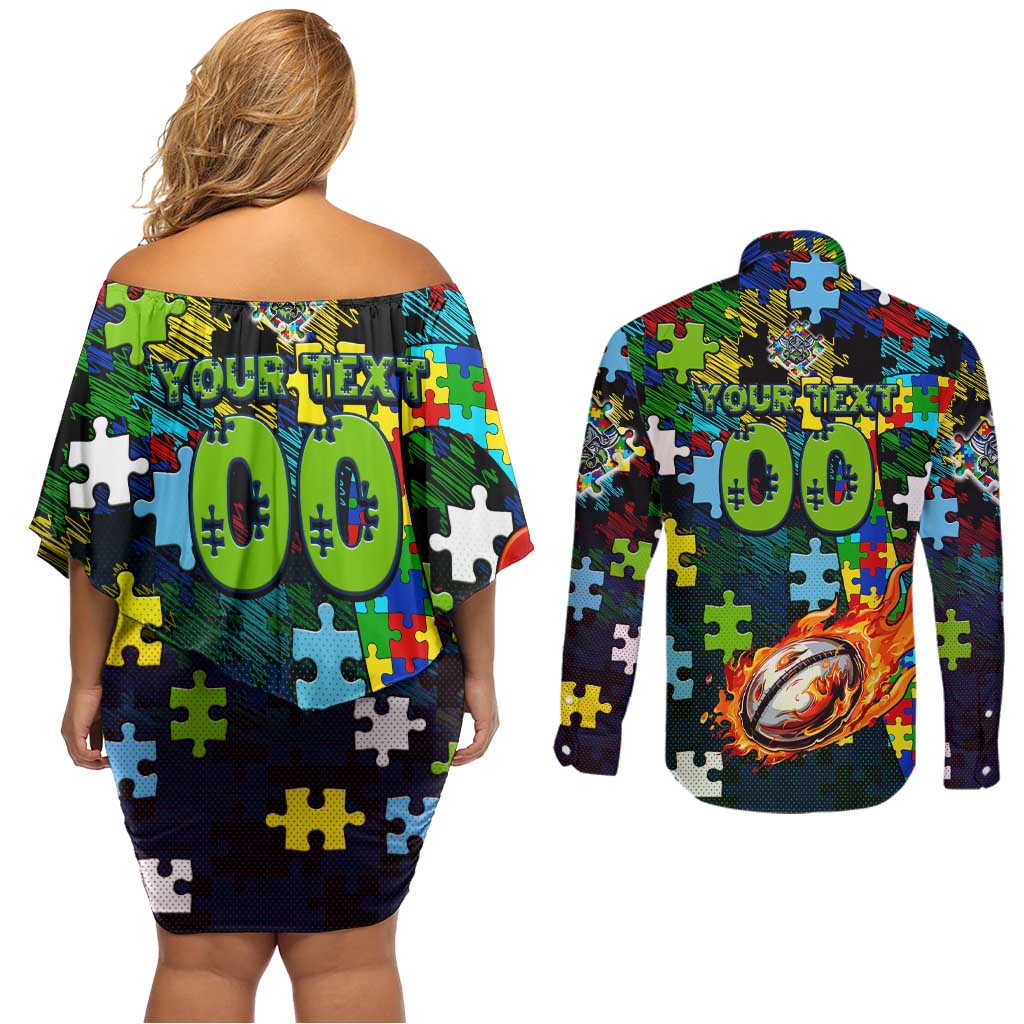 Raiders Autism Awareness Couples Matching Off Shoulder Short Dress and Long Sleeve Button Shirt Puzzle Flames Rugby Ball