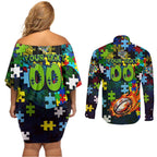Raiders Autism Awareness Couples Matching Off Shoulder Short Dress and Long Sleeve Button Shirt Puzzle Flames Rugby Ball