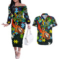 Raiders Autism Awareness Couples Matching Off The Shoulder Long Sleeve Dress and Hawaiian Shirt Puzzle Flames Rugby Ball