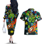 Raiders Autism Awareness Couples Matching Off The Shoulder Long Sleeve Dress and Hawaiian Shirt Puzzle Flames Rugby Ball