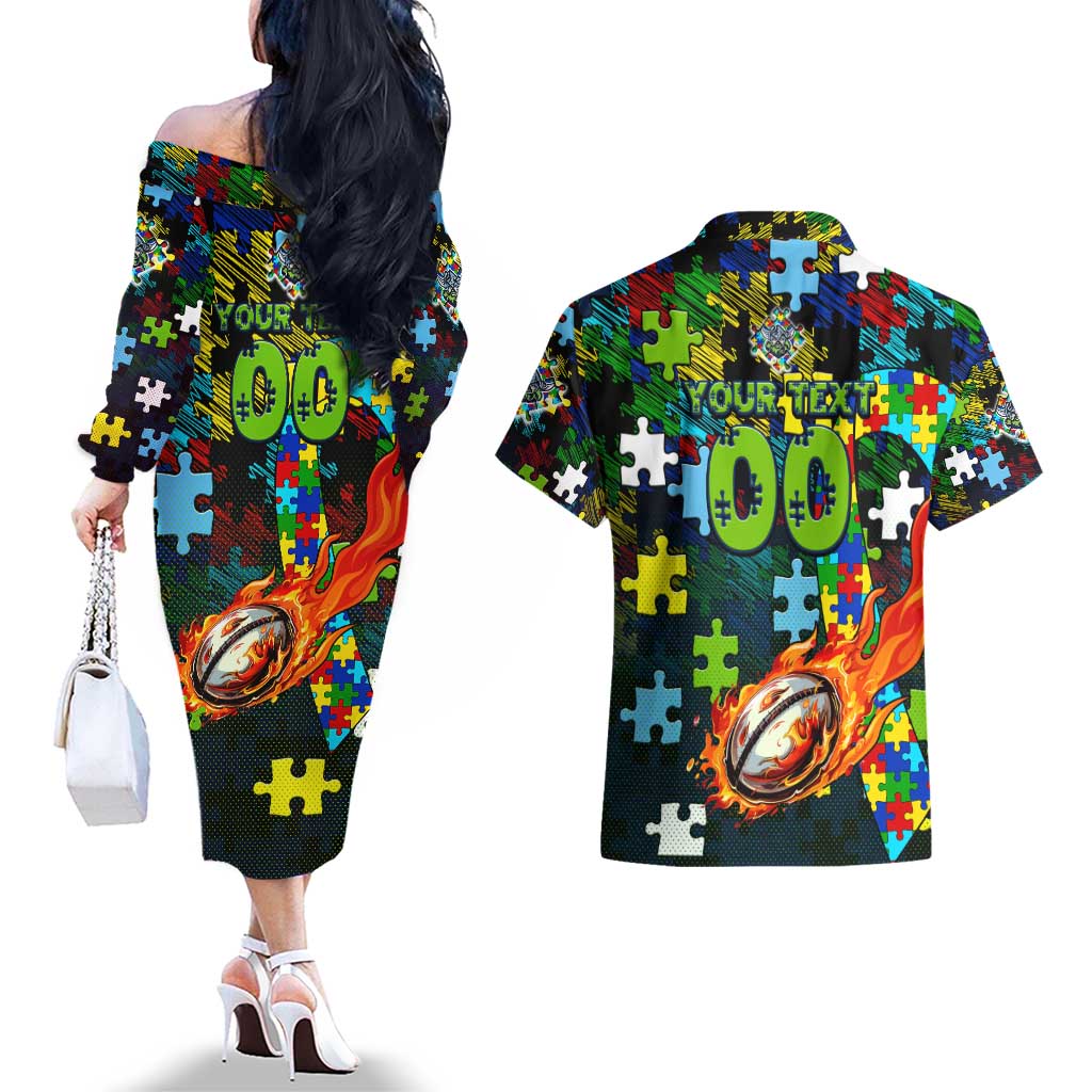 Raiders Autism Awareness Couples Matching Off The Shoulder Long Sleeve Dress and Hawaiian Shirt Puzzle Flames Rugby Ball
