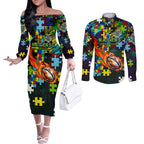 Raiders Autism Awareness Couples Matching Off The Shoulder Long Sleeve Dress and Long Sleeve Button Shirt Puzzle Flames Rugby Ball
