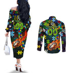 Raiders Autism Awareness Couples Matching Off The Shoulder Long Sleeve Dress and Long Sleeve Button Shirt Puzzle Flames Rugby Ball