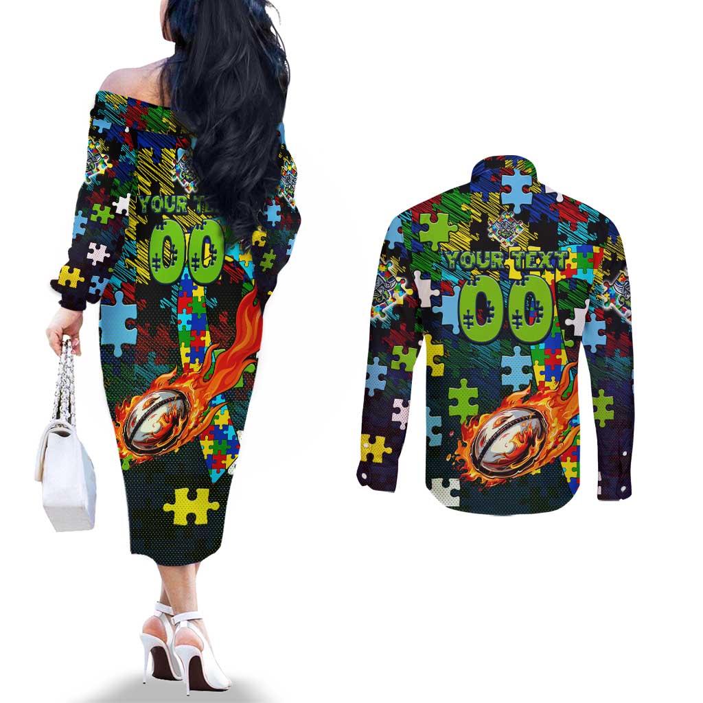 Raiders Autism Awareness Couples Matching Off The Shoulder Long Sleeve Dress and Long Sleeve Button Shirt Puzzle Flames Rugby Ball