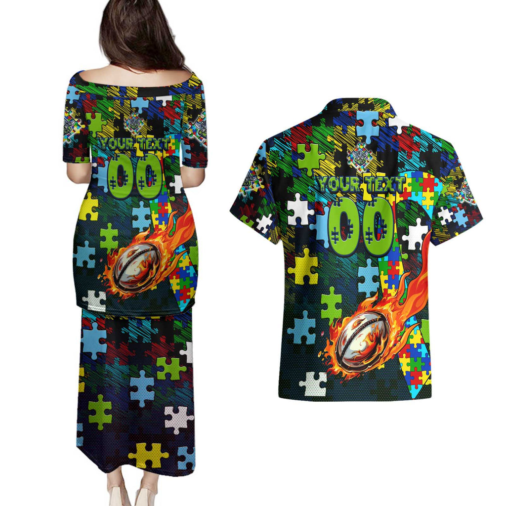 Raiders Autism Awareness Couples Matching Puletasi and Hawaiian Shirt Puzzle Flames Rugby Ball