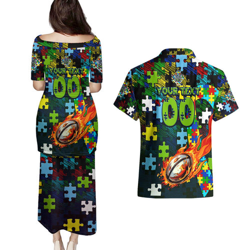 Raiders Autism Awareness Couples Matching Puletasi and Hawaiian Shirt Puzzle Flames Rugby Ball