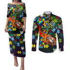 Raiders Autism Awareness Couples Matching Puletasi and Long Sleeve Button Shirt Puzzle Flames Rugby Ball