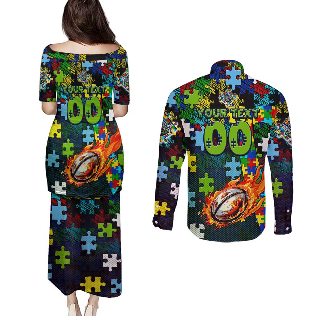 Raiders Autism Awareness Couples Matching Puletasi and Long Sleeve Button Shirt Puzzle Flames Rugby Ball
