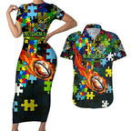 Raiders Autism Awareness Couples Matching Short Sleeve Bodycon Dress and Hawaiian Shirt Puzzle Flames Rugby Ball