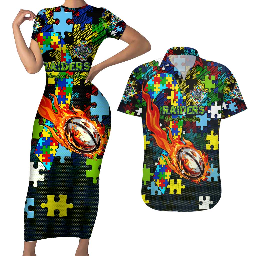 Raiders Autism Awareness Couples Matching Short Sleeve Bodycon Dress and Hawaiian Shirt Puzzle Flames Rugby Ball