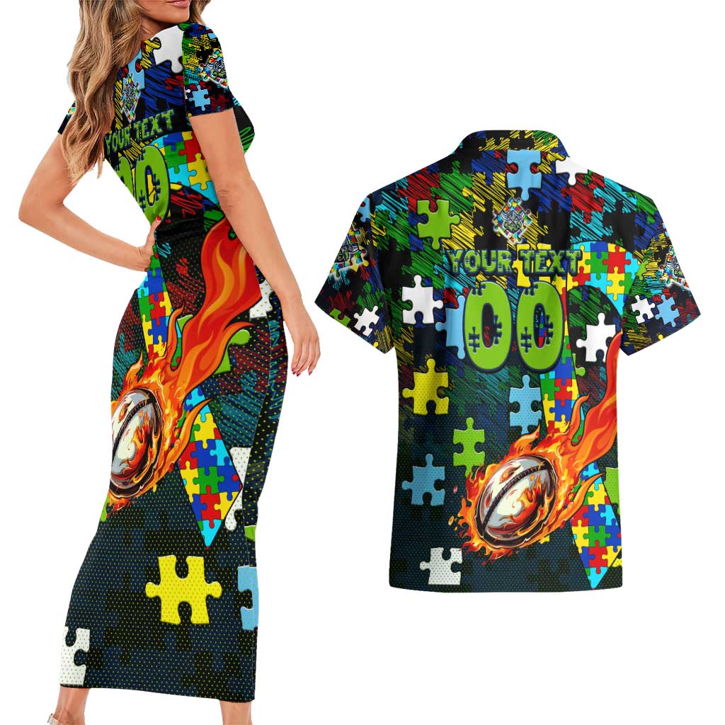 Raiders Autism Awareness Couples Matching Short Sleeve Bodycon Dress and Hawaiian Shirt Puzzle Flames Rugby Ball