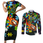 Raiders Autism Awareness Couples Matching Short Sleeve Bodycon Dress and Long Sleeve Button Shirt Puzzle Flames Rugby Ball