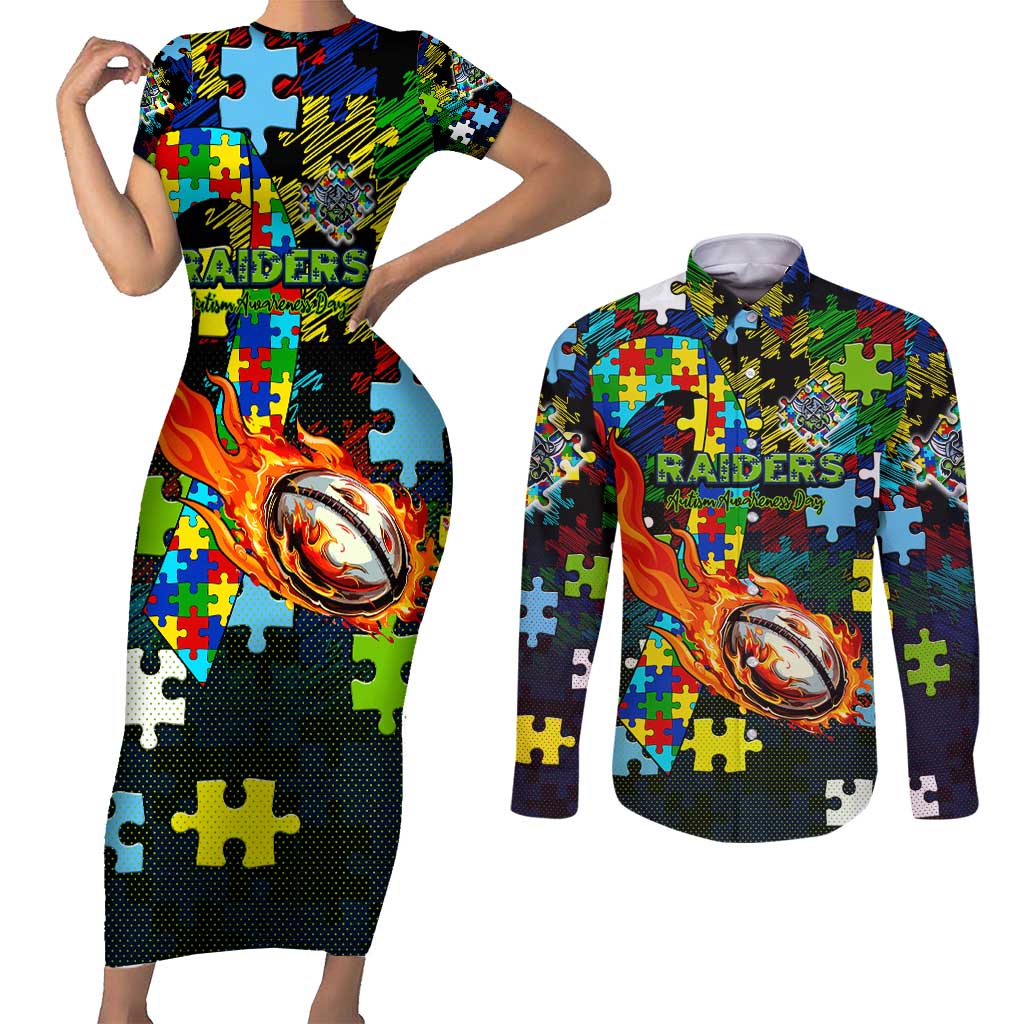 Raiders Autism Awareness Couples Matching Short Sleeve Bodycon Dress and Long Sleeve Button Shirt Puzzle Flames Rugby Ball