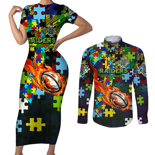 Raiders Autism Awareness Couples Matching Short Sleeve Bodycon Dress and Long Sleeve Button Shirt Puzzle Flames Rugby Ball