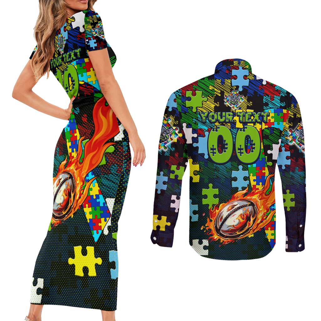 Raiders Autism Awareness Couples Matching Short Sleeve Bodycon Dress and Long Sleeve Button Shirt Puzzle Flames Rugby Ball