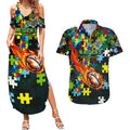 Raiders Autism Awareness Couples Matching Summer Maxi Dress and Hawaiian Shirt Puzzle Flames Rugby Ball
