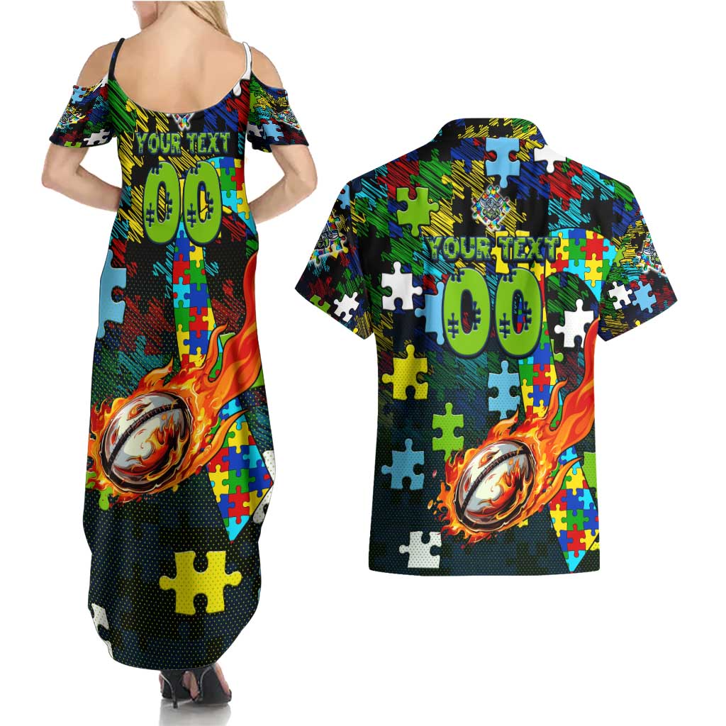 Raiders Autism Awareness Couples Matching Summer Maxi Dress and Hawaiian Shirt Puzzle Flames Rugby Ball