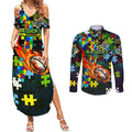 Raiders Autism Awareness Couples Matching Summer Maxi Dress and Long Sleeve Button Shirt Puzzle Flames Rugby Ball
