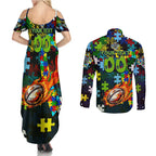 Raiders Autism Awareness Couples Matching Summer Maxi Dress and Long Sleeve Button Shirt Puzzle Flames Rugby Ball