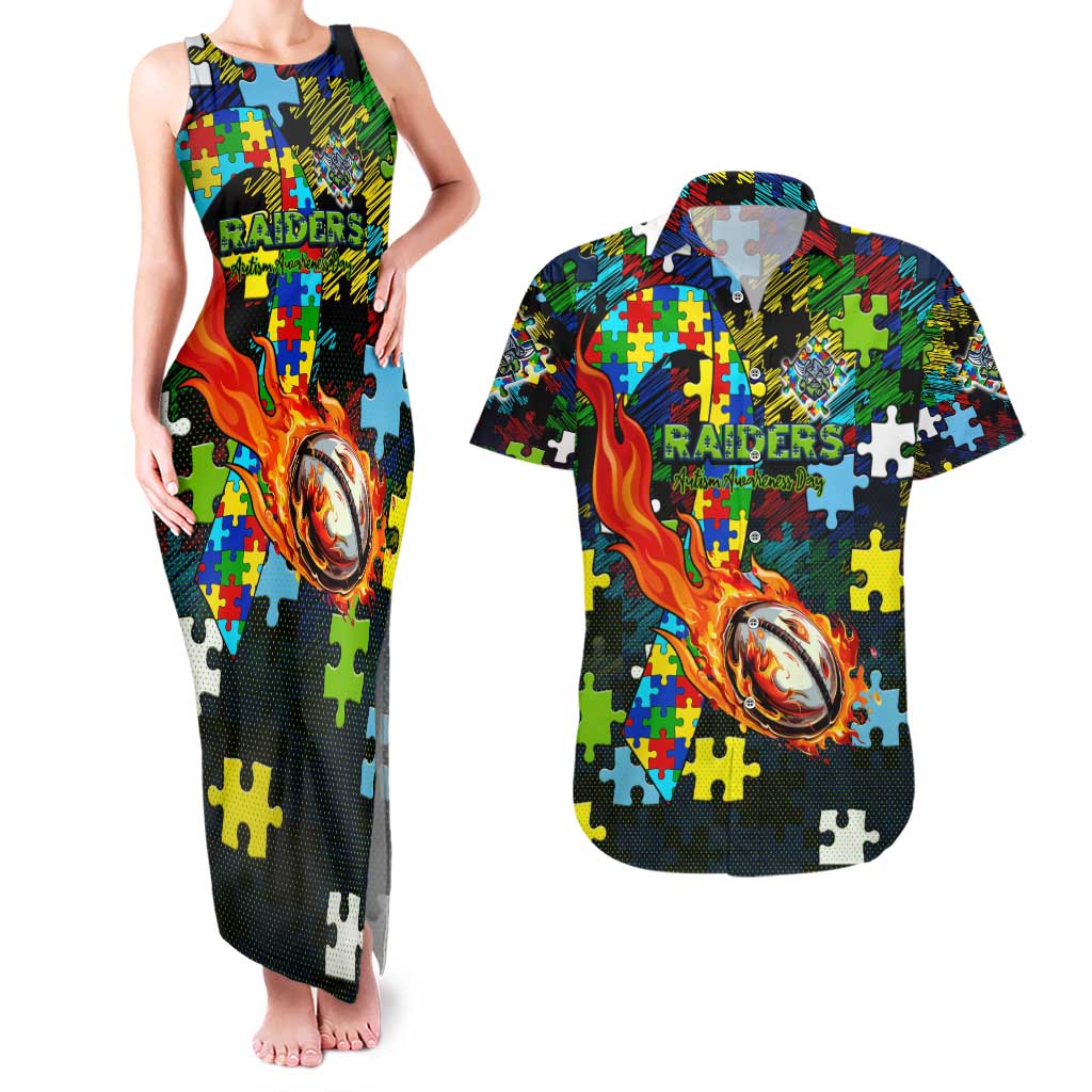 Raiders Autism Awareness Couples Matching Tank Maxi Dress and Hawaiian Shirt Puzzle Flames Rugby Ball