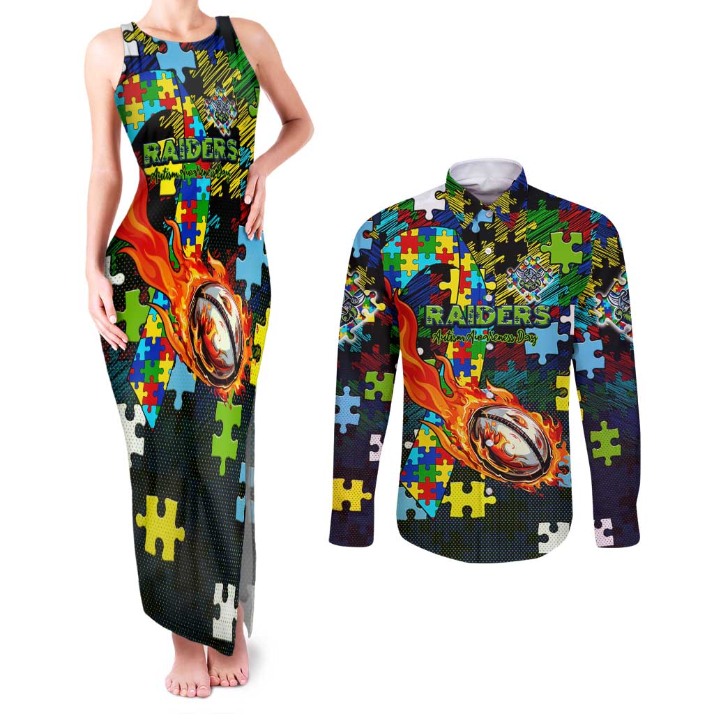 Raiders Autism Awareness Couples Matching Tank Maxi Dress and Long Sleeve Button Shirt Puzzle Flames Rugby Ball