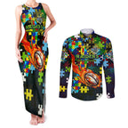 Raiders Autism Awareness Couples Matching Tank Maxi Dress and Long Sleeve Button Shirt Puzzle Flames Rugby Ball