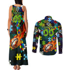 Raiders Autism Awareness Couples Matching Tank Maxi Dress and Long Sleeve Button Shirt Puzzle Flames Rugby Ball