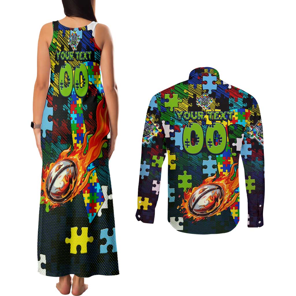 Raiders Autism Awareness Couples Matching Tank Maxi Dress and Long Sleeve Button Shirt Puzzle Flames Rugby Ball