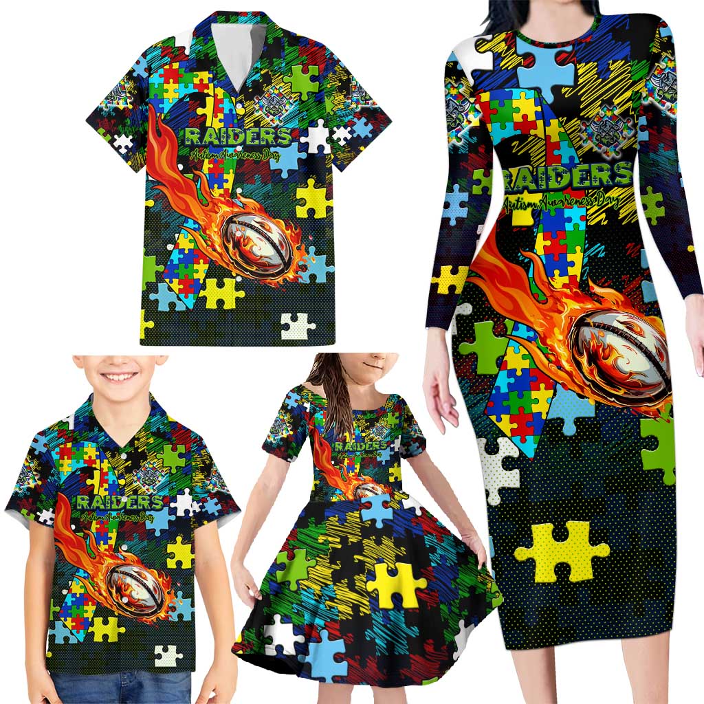 Raiders Autism Awareness Family Matching Long Sleeve Bodycon Dress and Hawaiian Shirt Puzzle Flames Rugby Ball